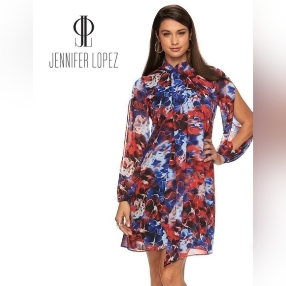 Jennifer Lopez Urban Allure Floral Tie Neck Chiffon Dress - Picture 1 of 8